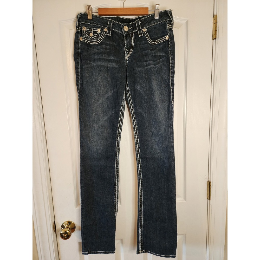 True Religion Billy Super T Straight Leg Jeans Dark Wash Low Rise 28 Y2K McBling